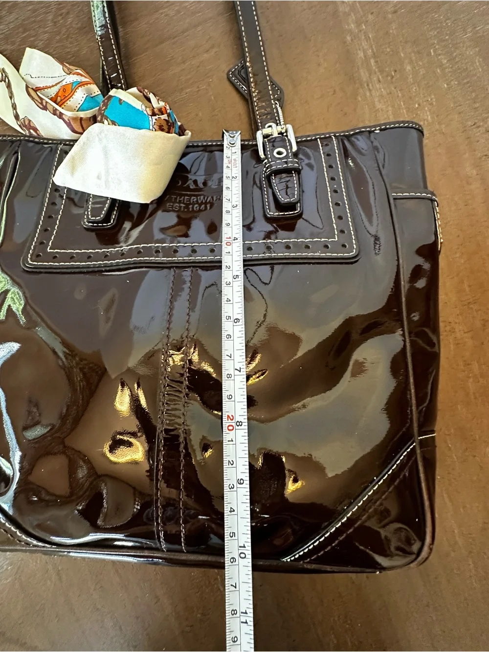 COACH dark brown patent leather gallery tote w/hang tag and scarf